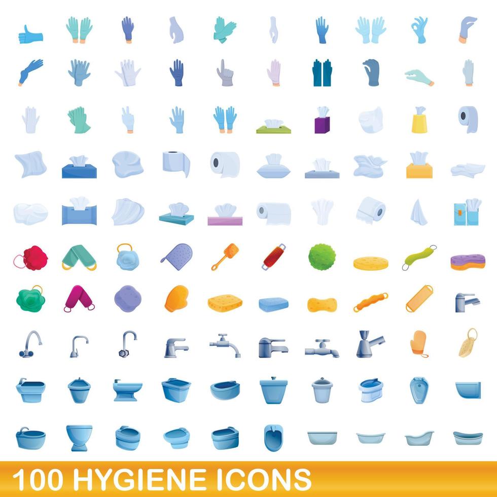 100 iconos de higiene, estilo de dibujos animados vector