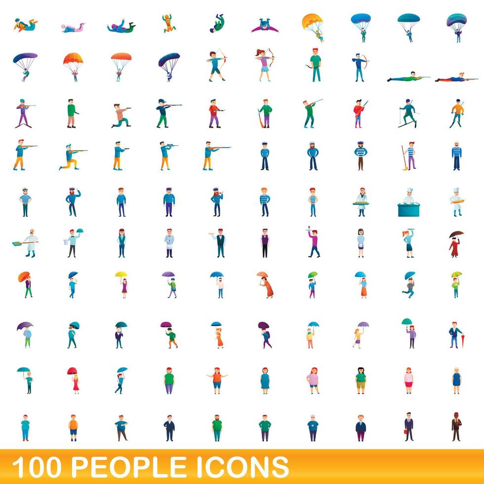 100 people icons set, cartoon style vector