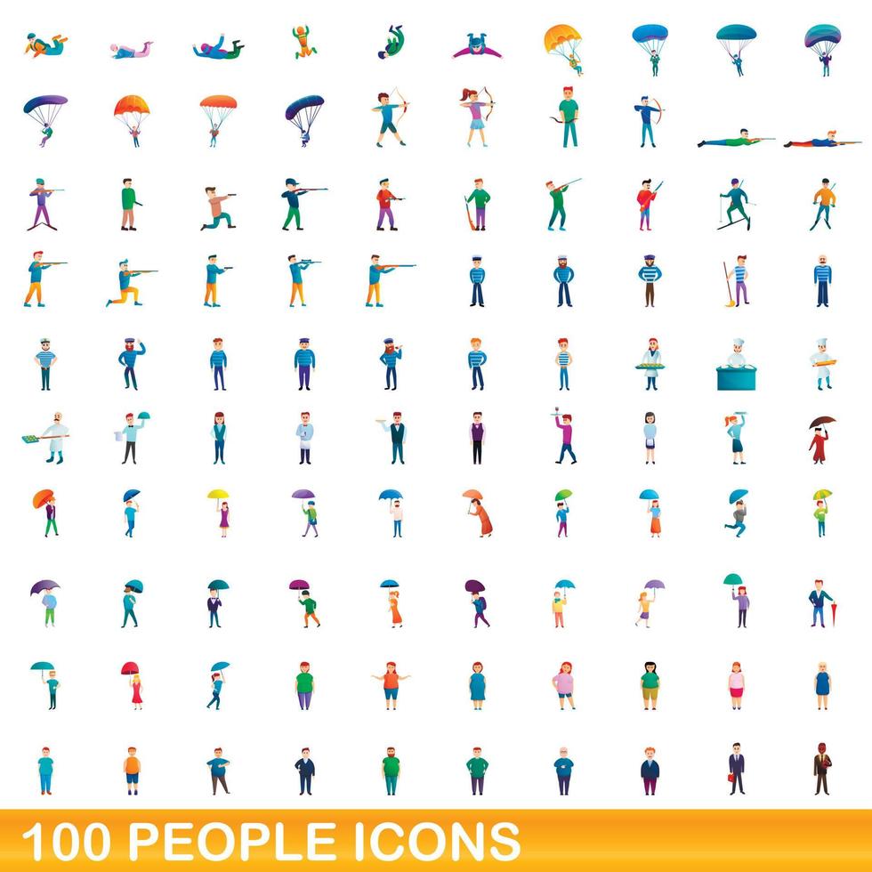 100 people icons set, cartoon style vector