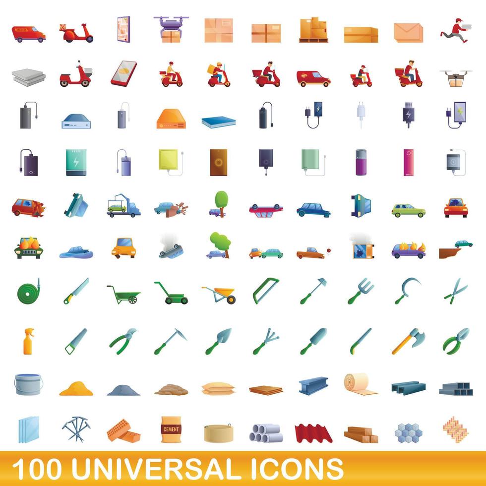 100 universal icons set, cartoon style vector