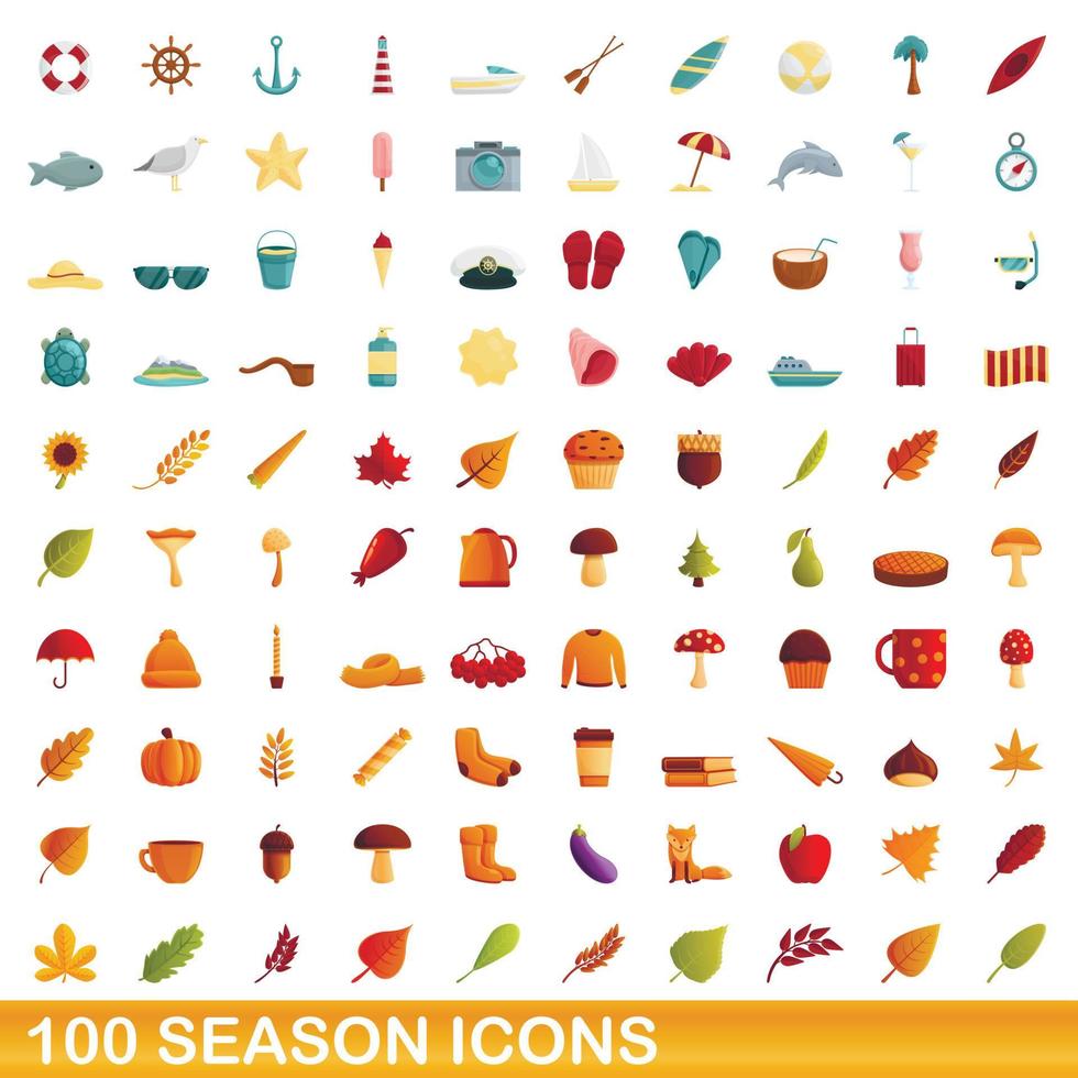 100 season icons set, cartoon style vector