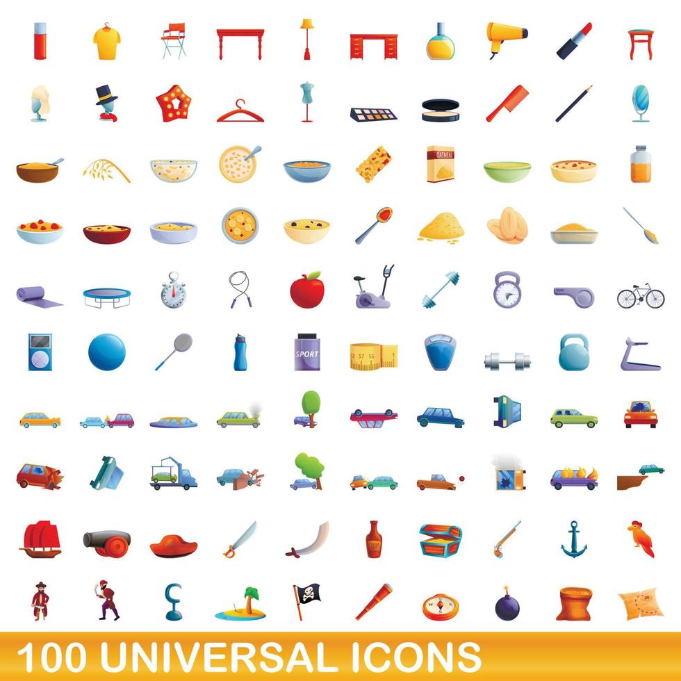 100 universal icons set, cartoon style vector