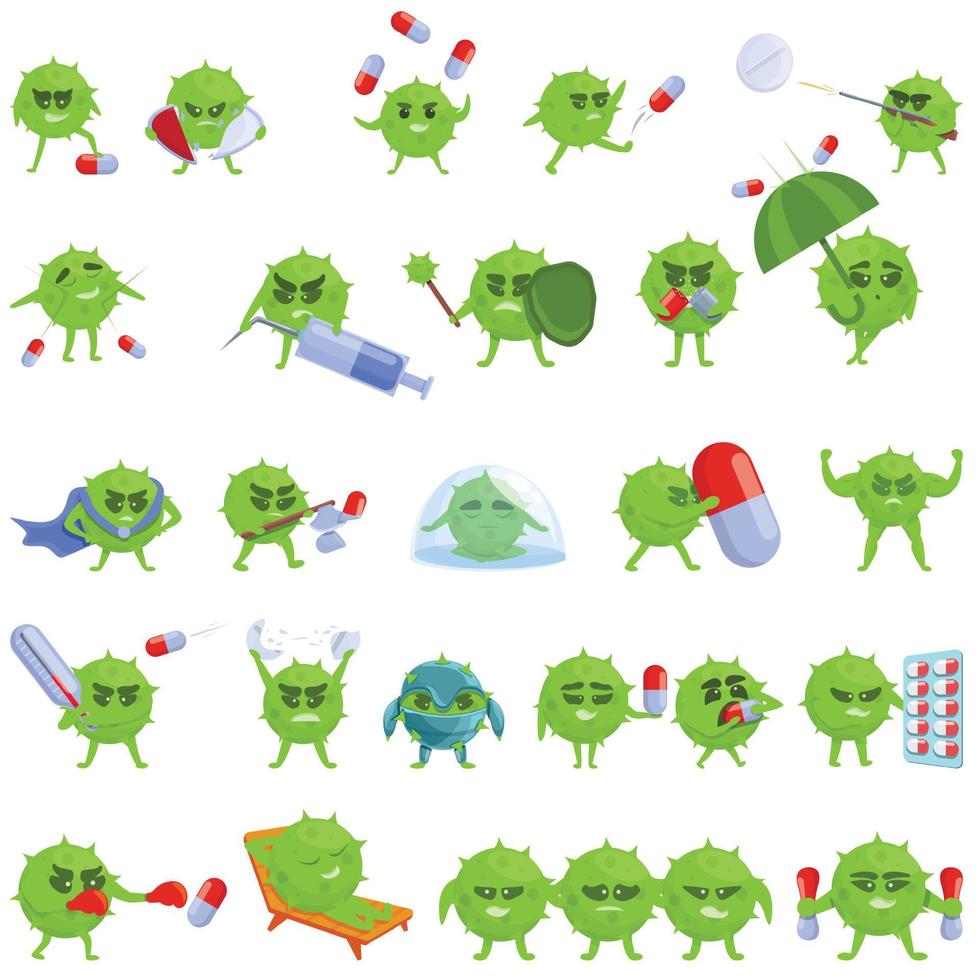 Antibiotic resistance icons set, cartoon style vector