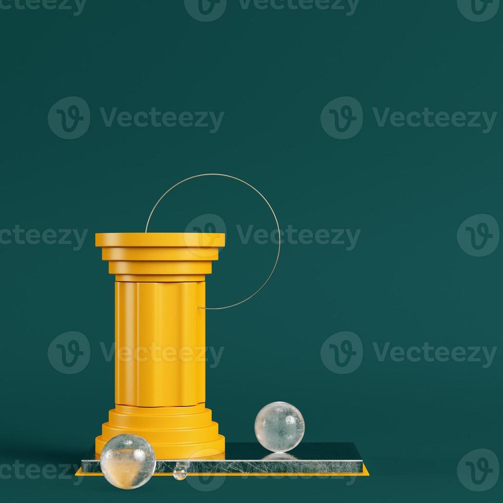 Yellow pedestal with column, circle frame and spheres on dark green background photo