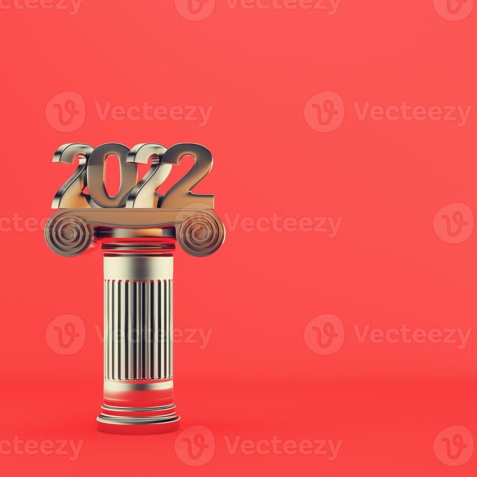Metal new year 2022 figure on ancient column on red background. Minimalism concept photo