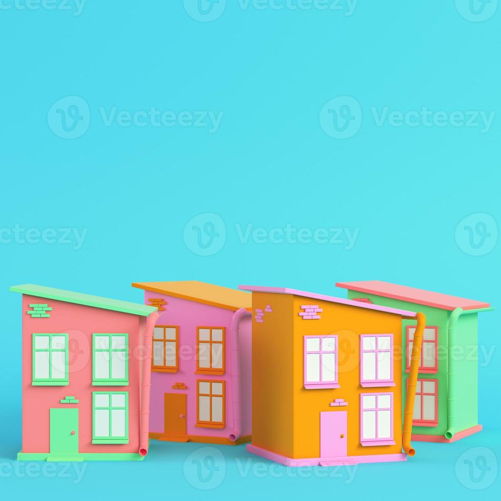 Colorful cartoon styled house on bright blue background in pastel colors. Minimalism concept photo