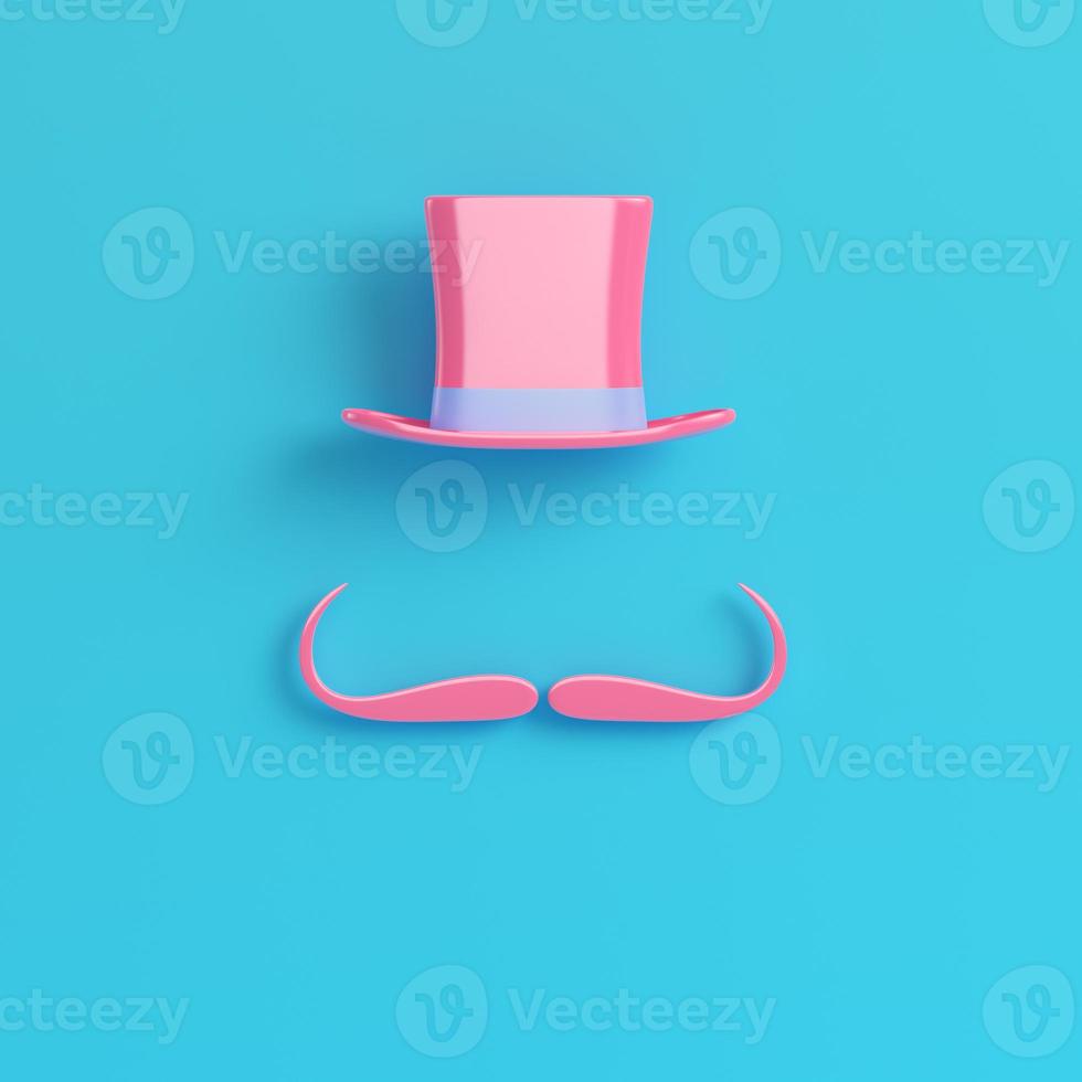 Pink cylinder hat with fake mustache on bright blue background in pastel colors photo