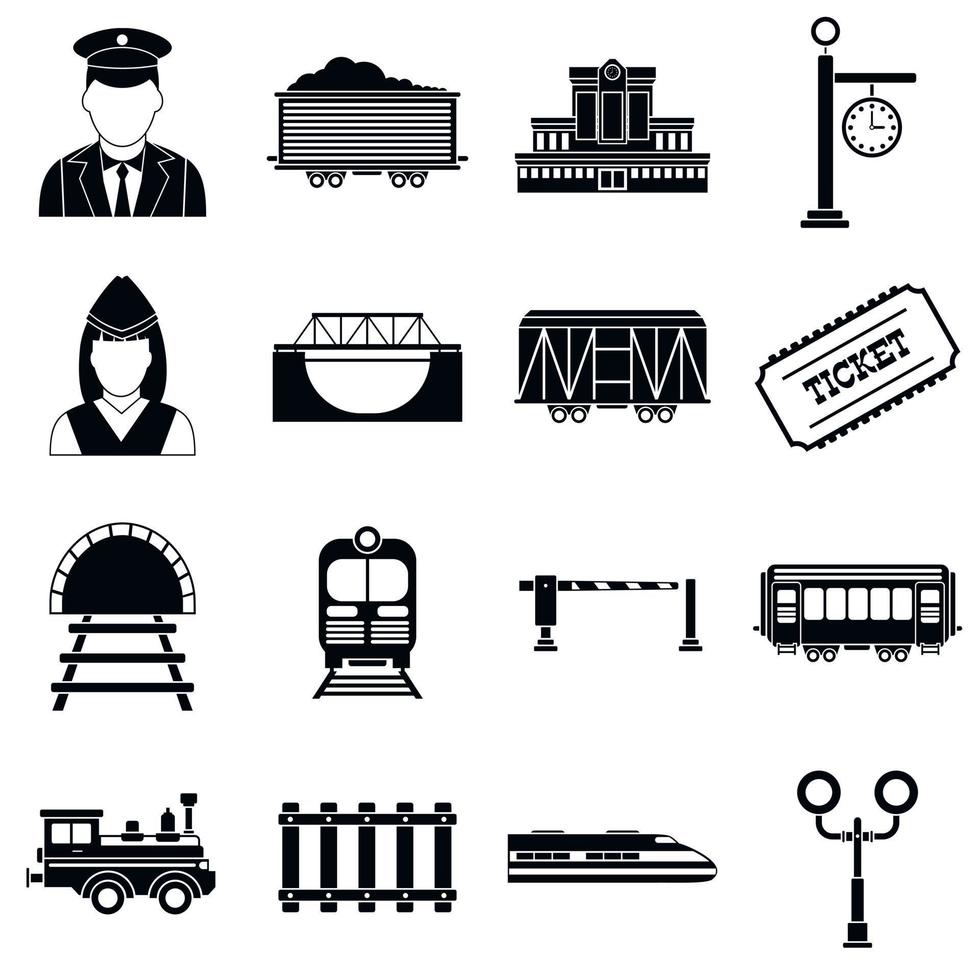 Railroad black simple icons set vector