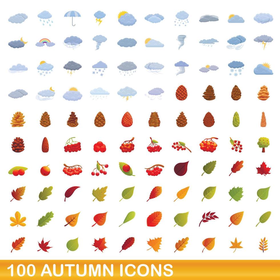 100 autumn icons set, cartoon style vector