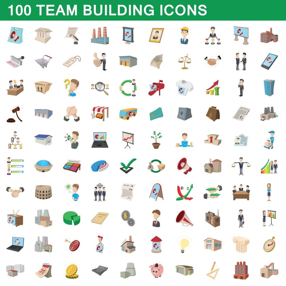 100 team building icons set, cartoon style vector