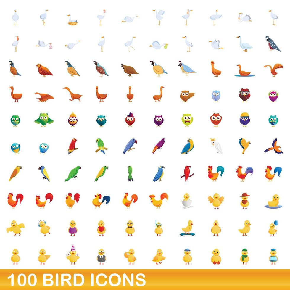 100 iconos de aves, estilo de dibujos animados vector