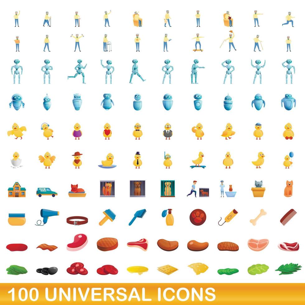 100 universal icons set, cartoon style vector