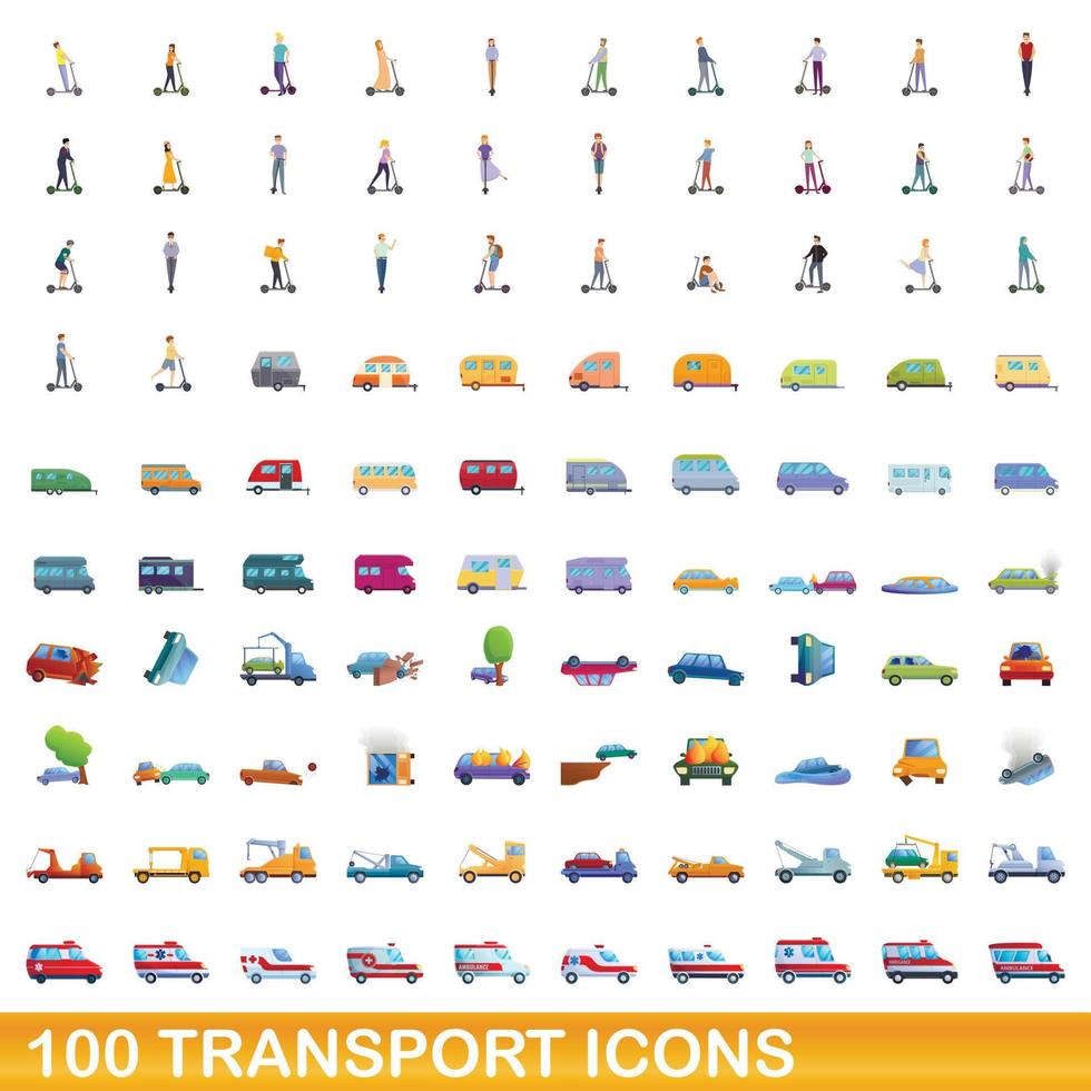 100 iconos de transporte, estilo de dibujos animados vector