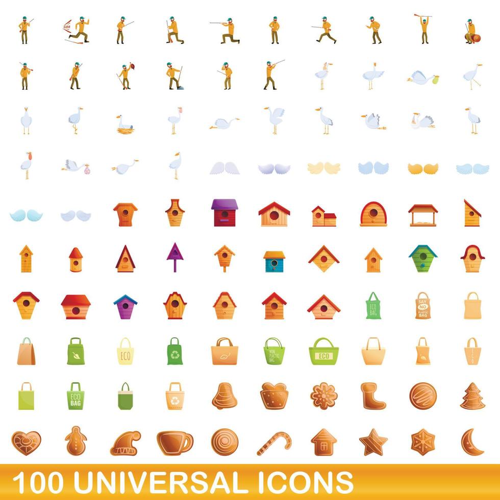 100 universal icons set, cartoon style vector