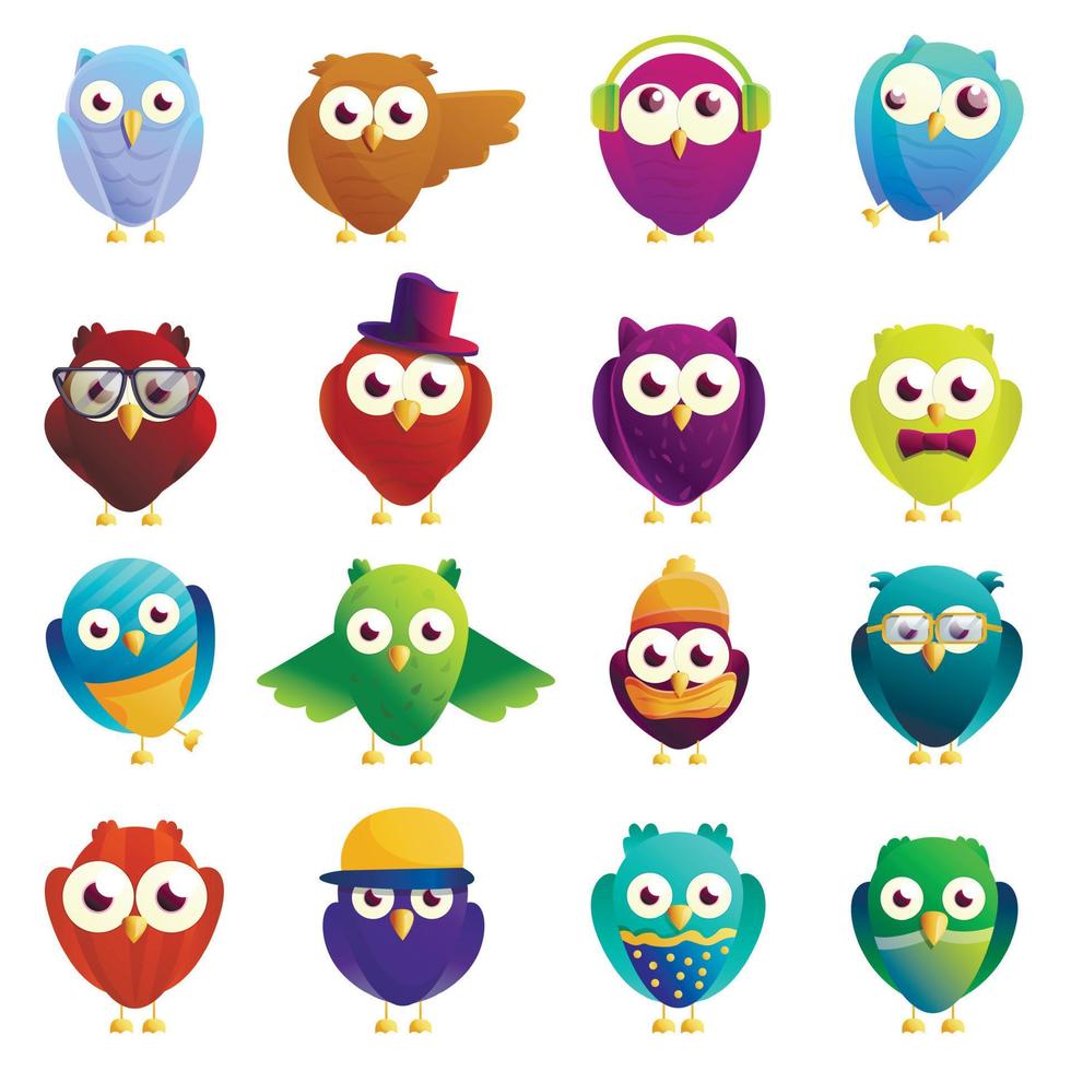 Owl icons set, cartoon style vector