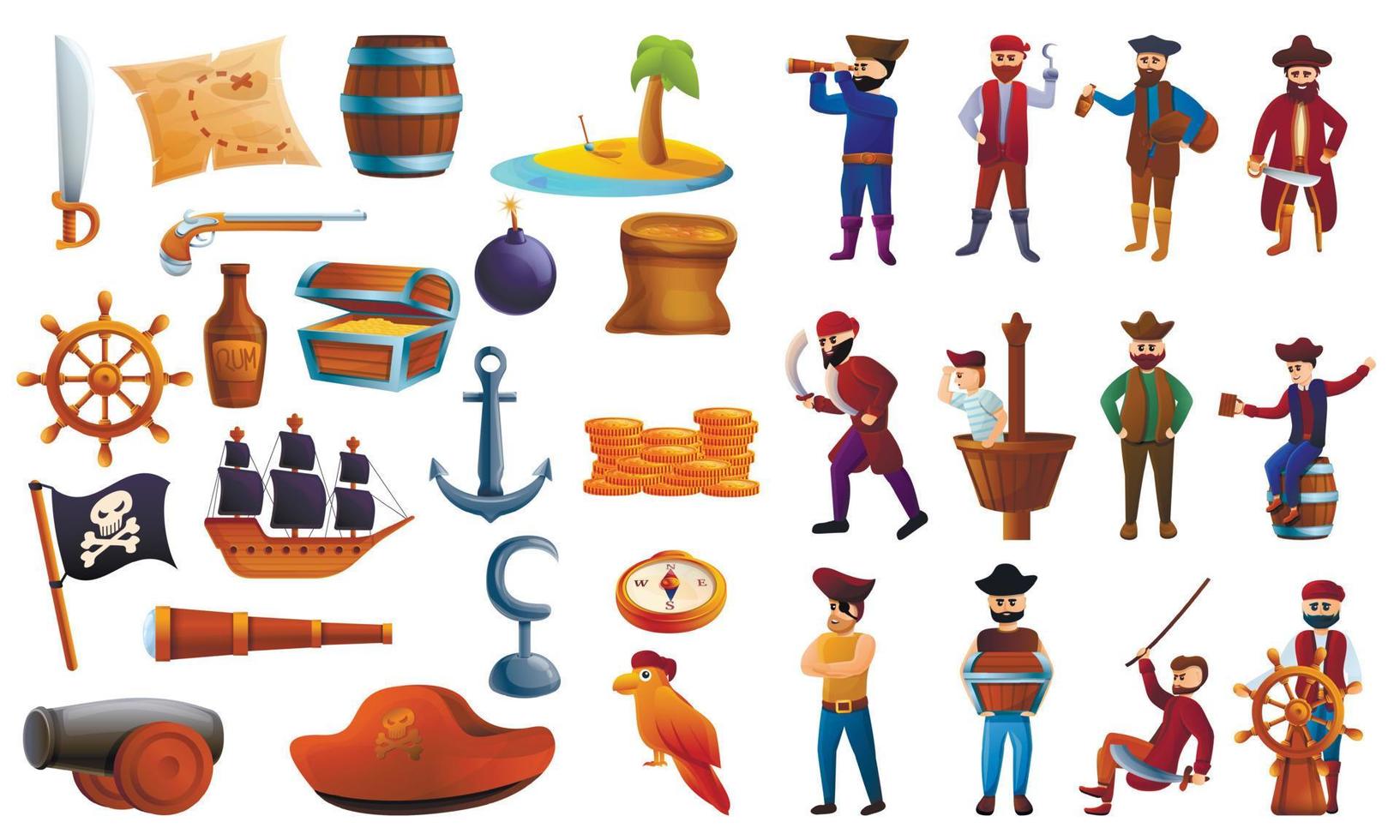 Pirate icons set, cartoon style vector