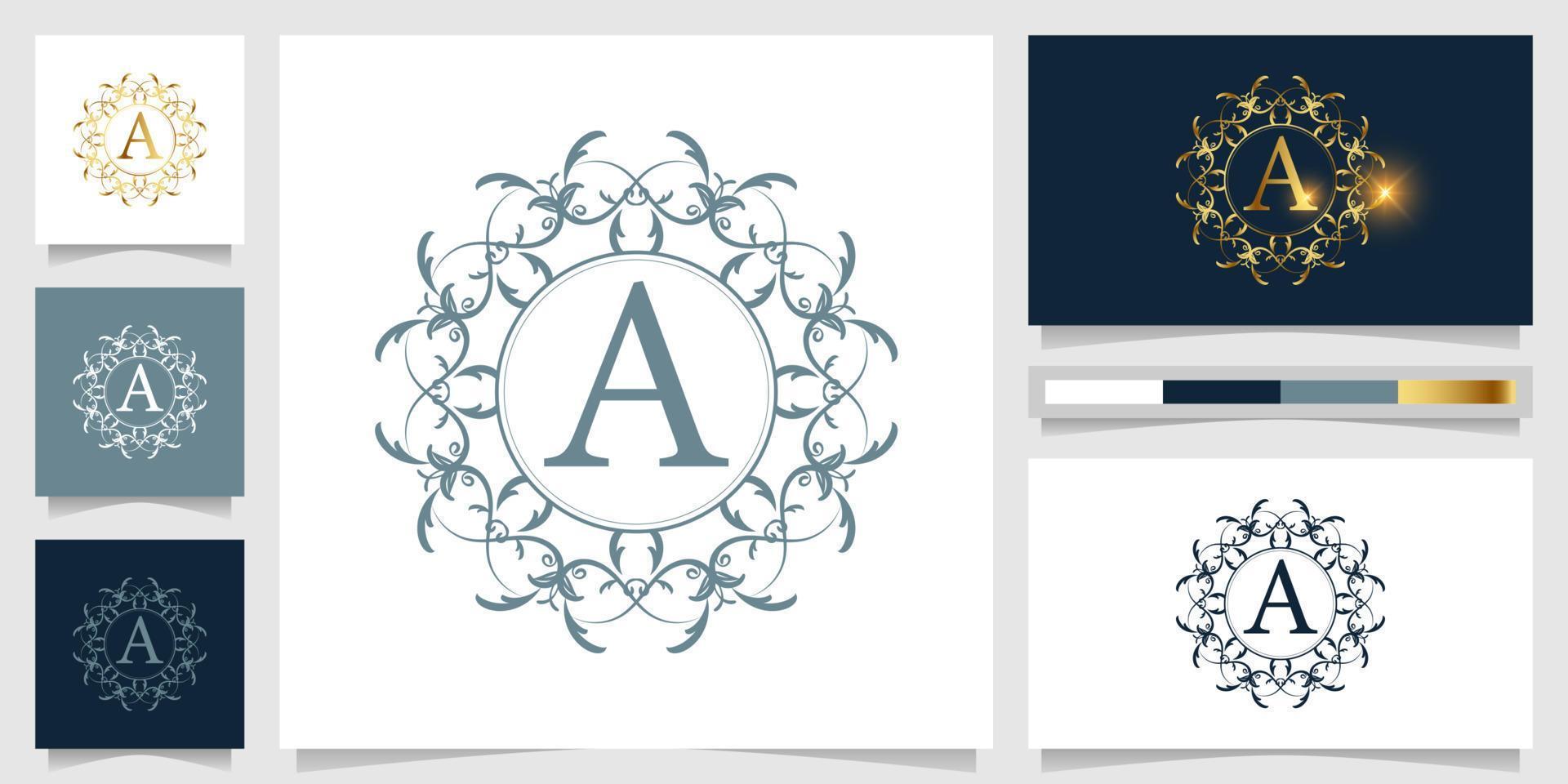 Letter A luxury ornament or floral frame logo template with business card design. vector