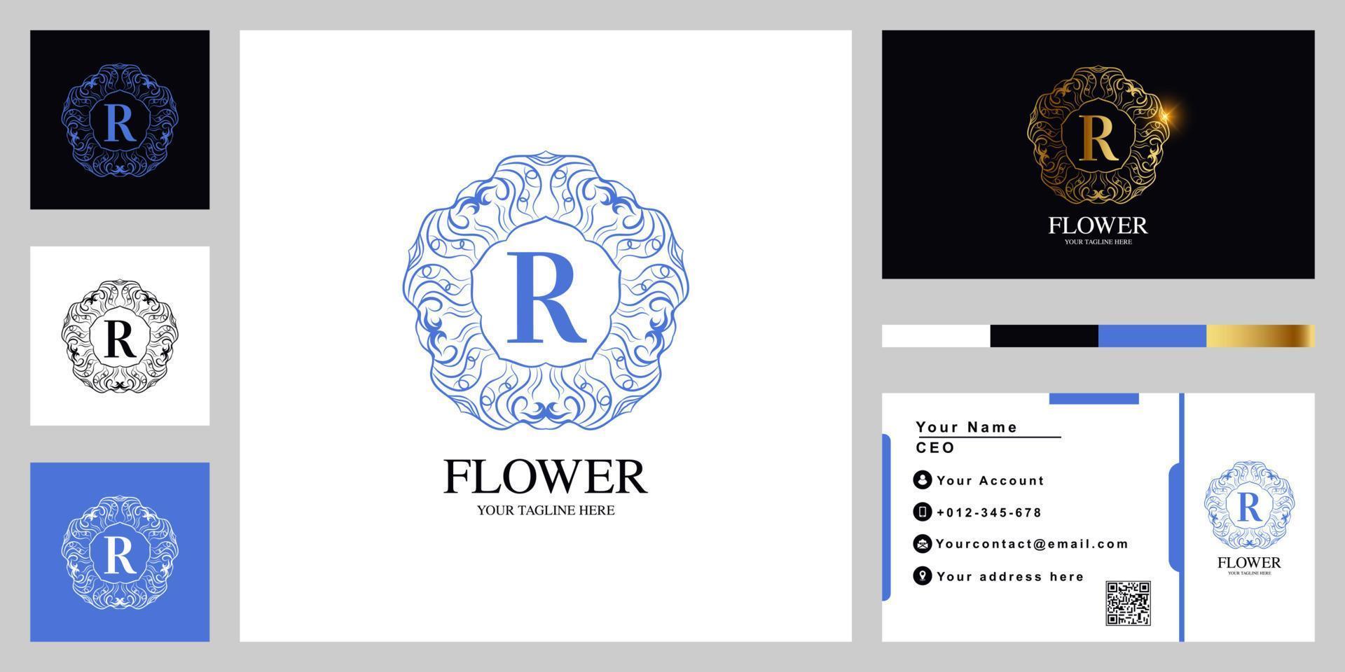Letter R luxury ornament flower or mandala frame logo template design with business card. vector