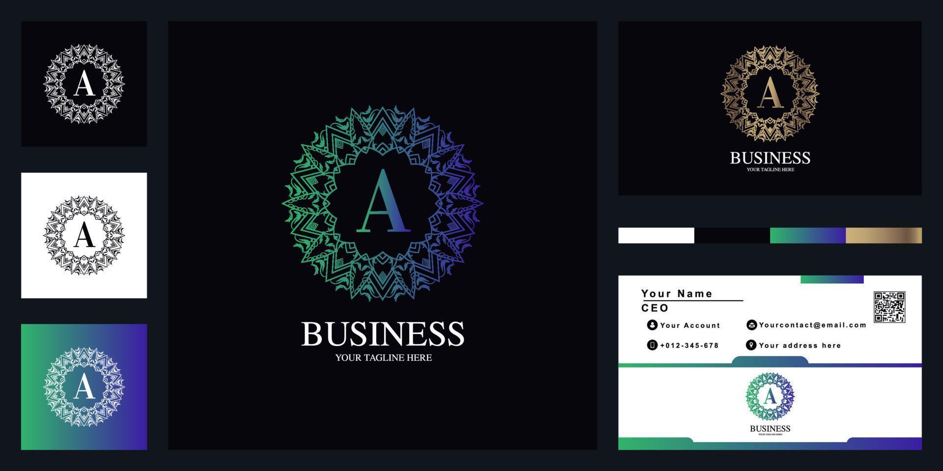 Letter A ornament flower frame logo template design with business card. vector