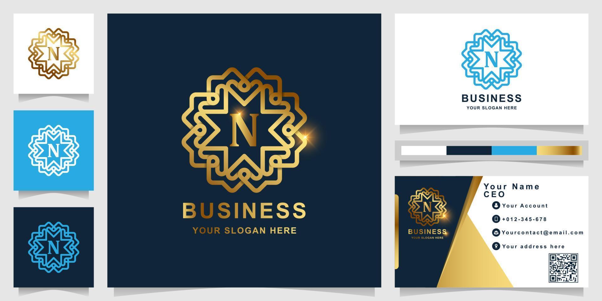 Letter N luxury golden logo template with business card design. vector