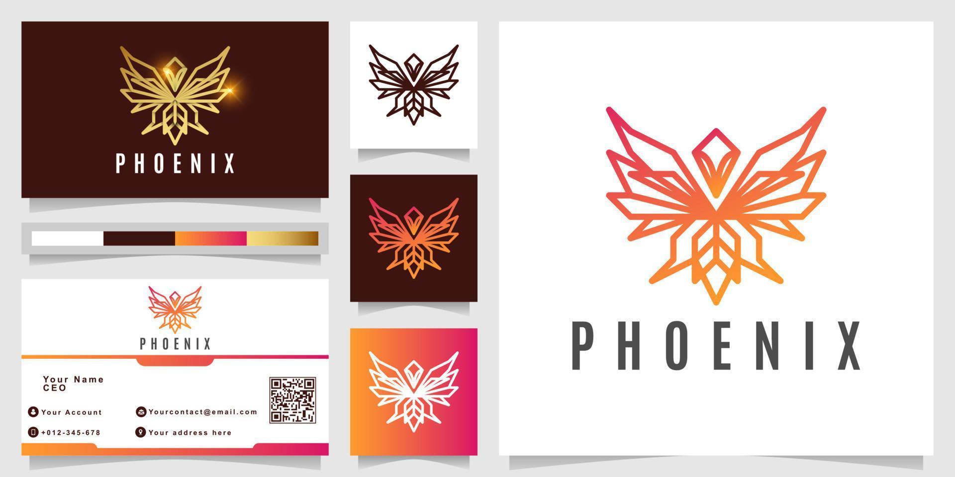 Minimalist elegant abstract phoenix line logo template with business card design vector