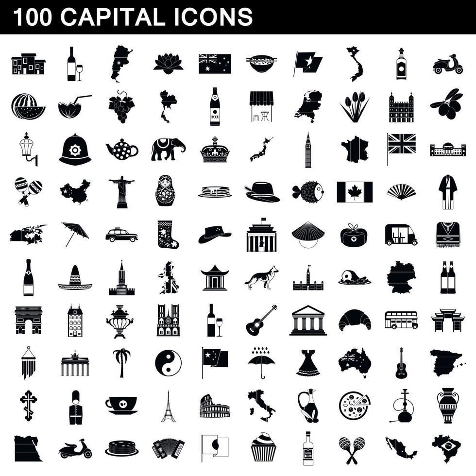 100 capital icons set, simple style vector