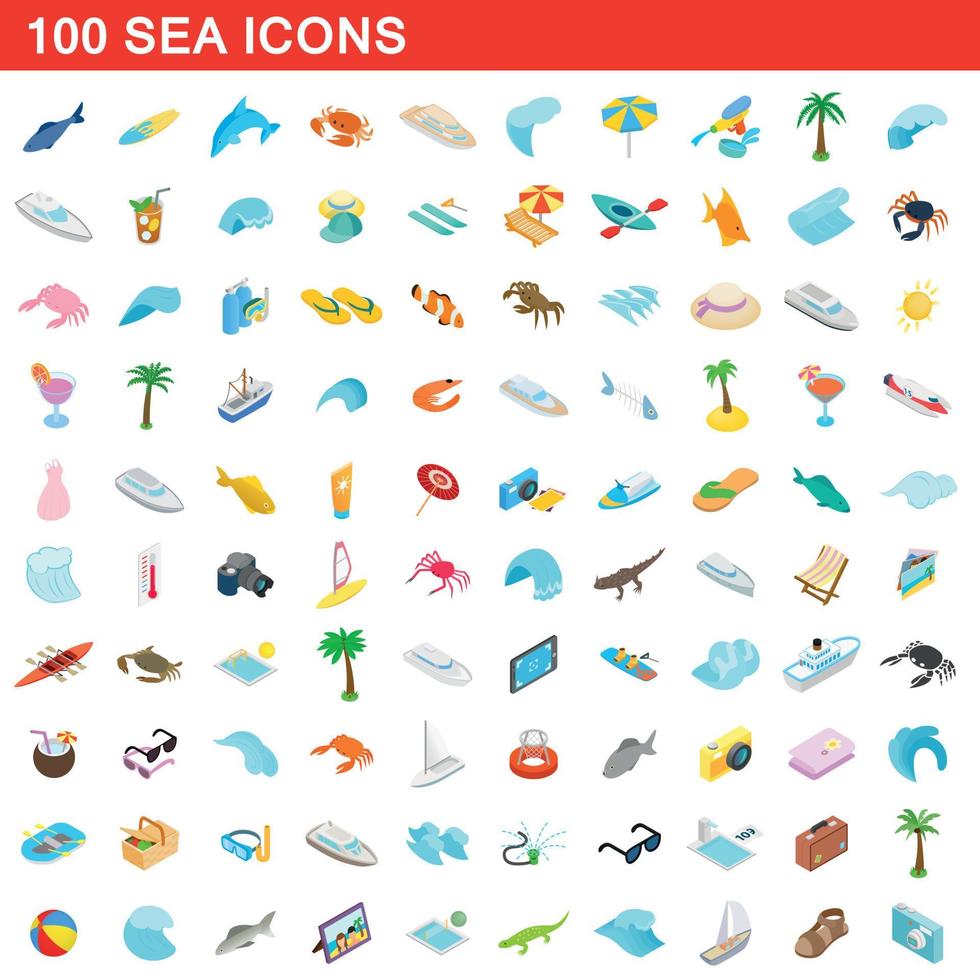 100 sea icons set, isometric 3d style vector