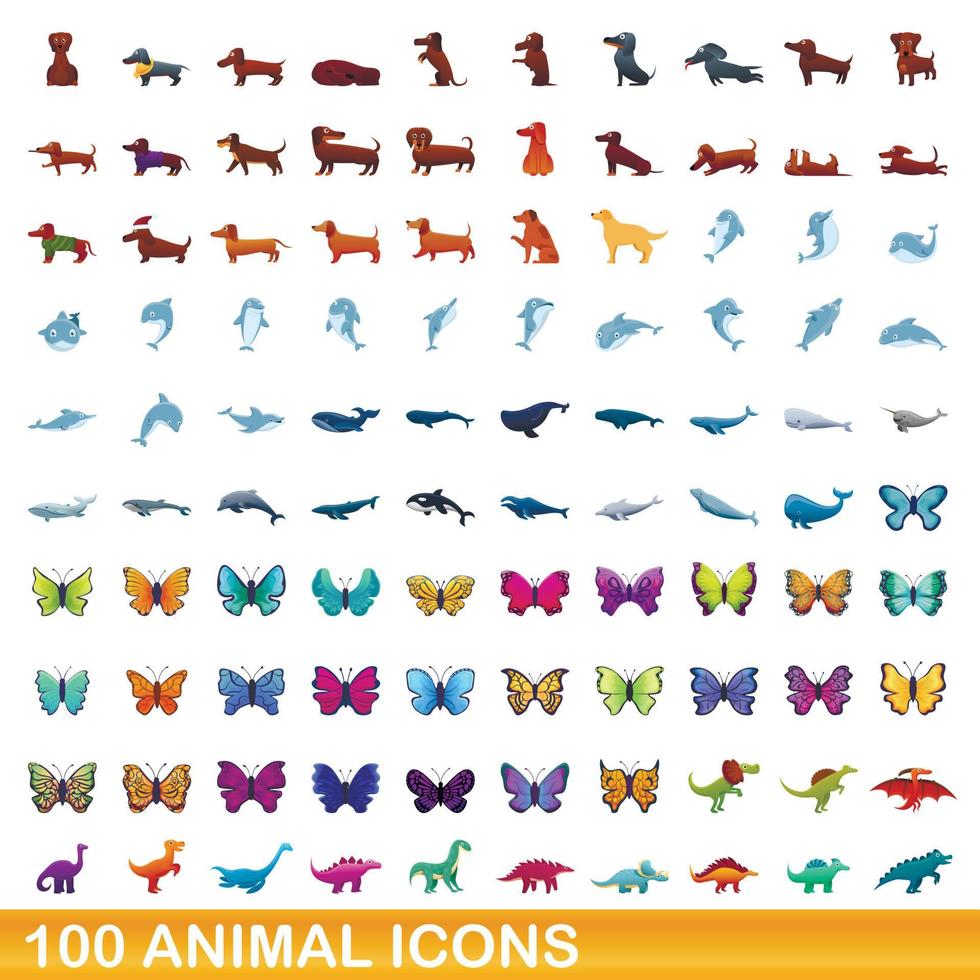 100 animales, conjunto de iconos de estilo de dibujos animados vector