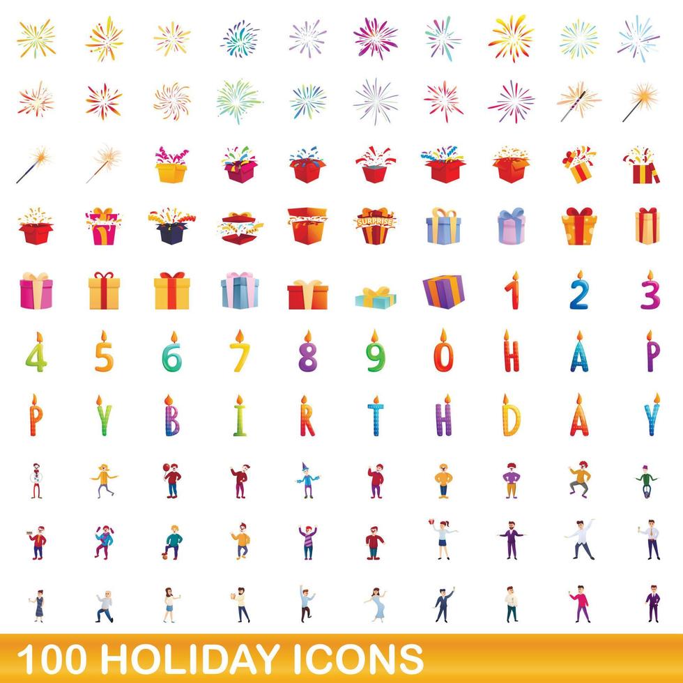 100 holiday icons set, cartoon style vector
