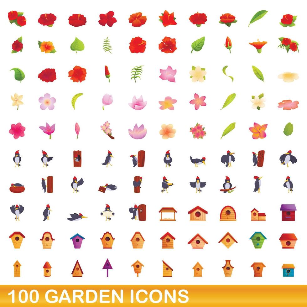 100 garden icons set, cartoon style vector