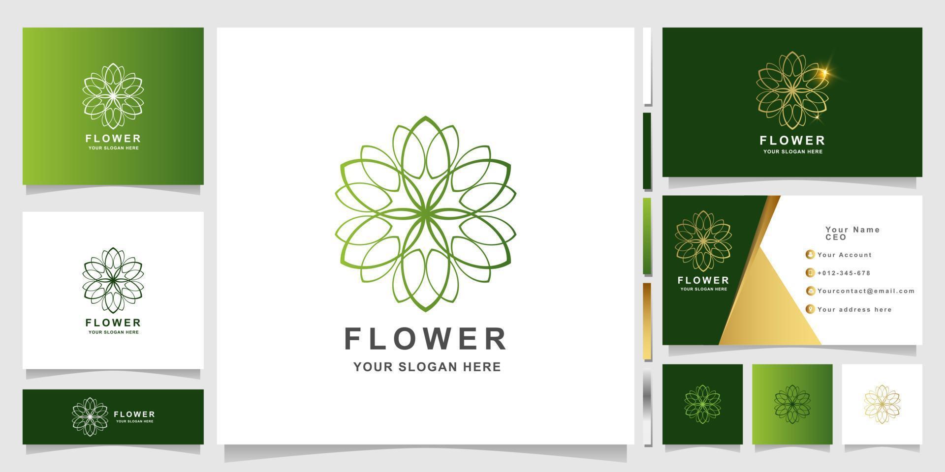 Minimalist elegant flower ornament logo template with business card design vector