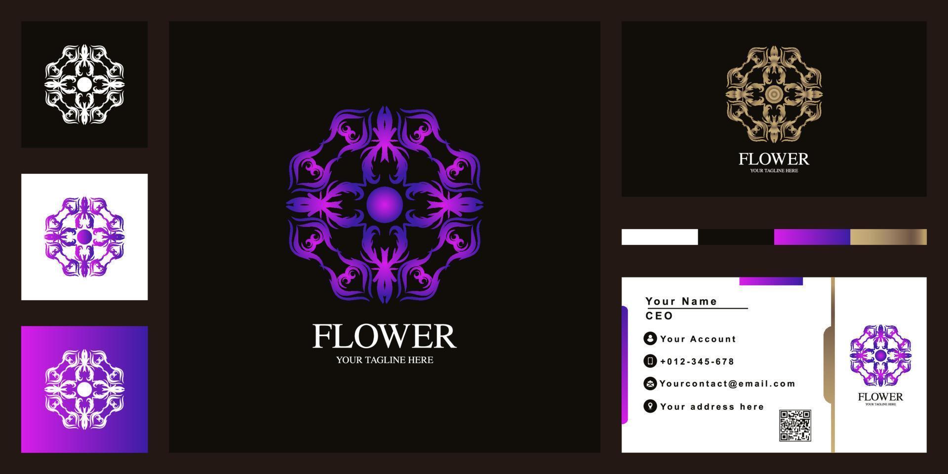 diseño de plantilla de logotipo de lujo de flores o adornos con tarjeta de visita. vector