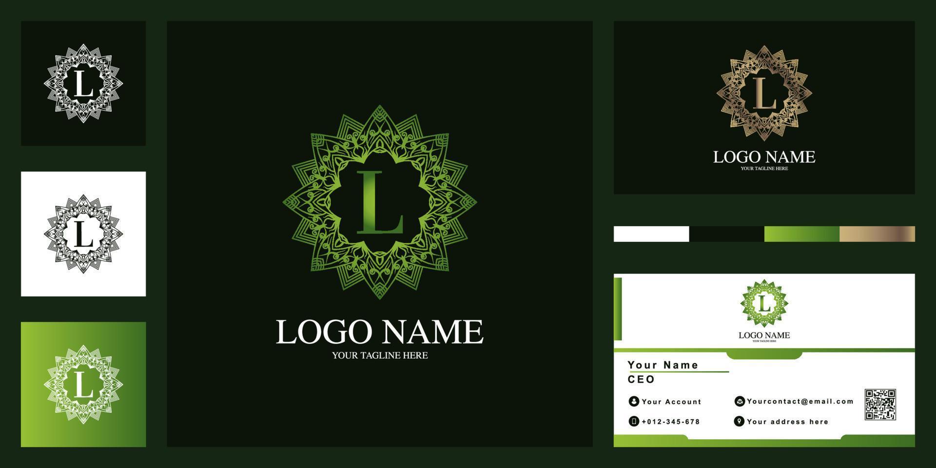 Letter L luxury ornament flower frame logo template design with business card. vector
