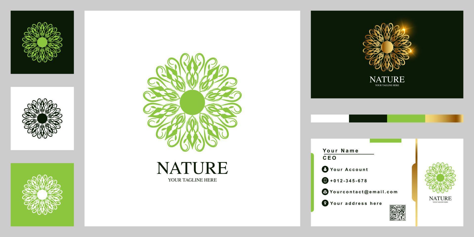 diseño de plantilla de logotipo de lujo de flores o adornos con tarjeta de visita. vector