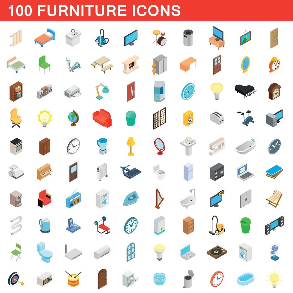 100 furniture icons set, isometric 3d style vector