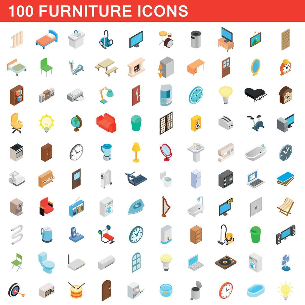 100 muebles, conjunto de iconos de estilo 3D isométrica vector