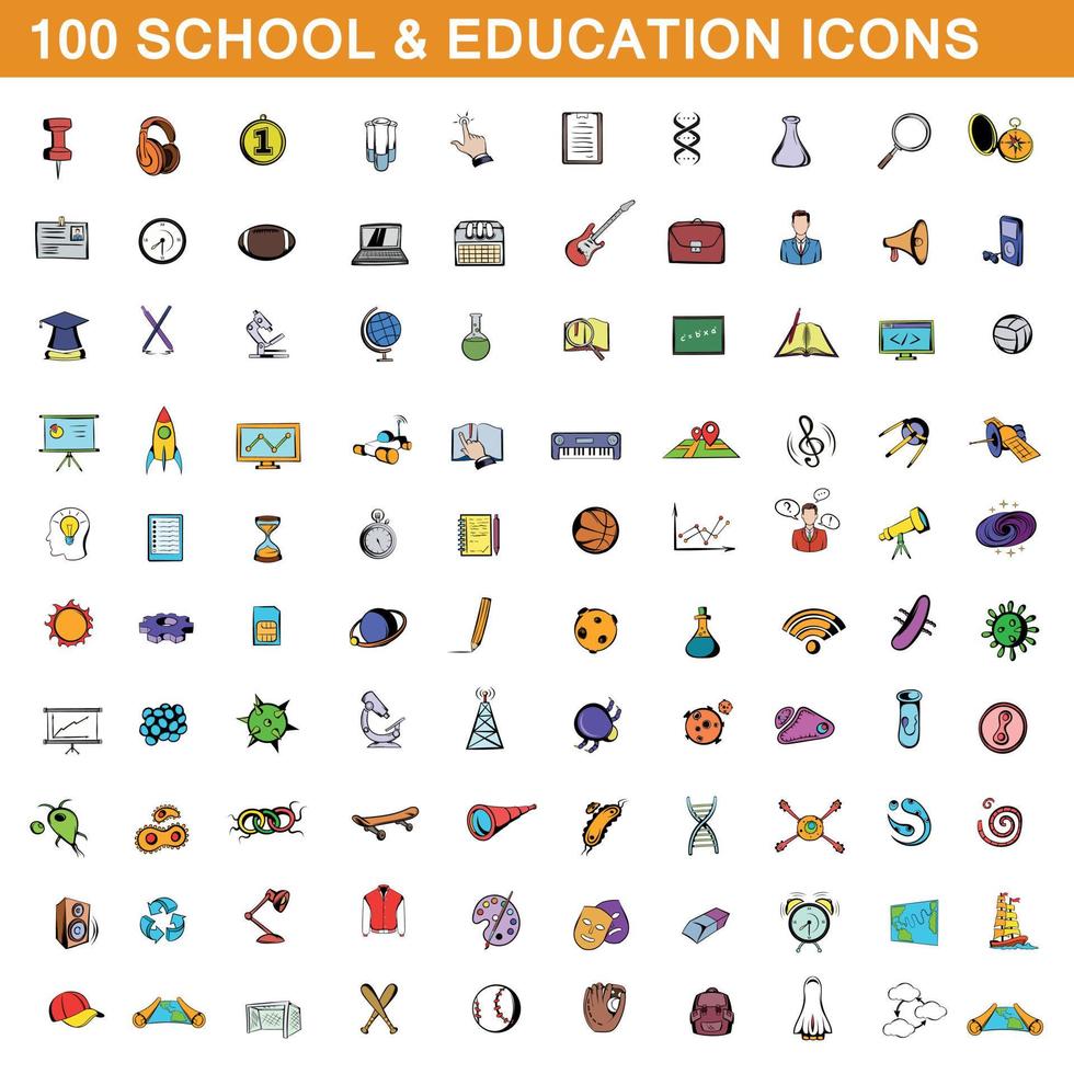 100 school and education icons set, cartoon style vector