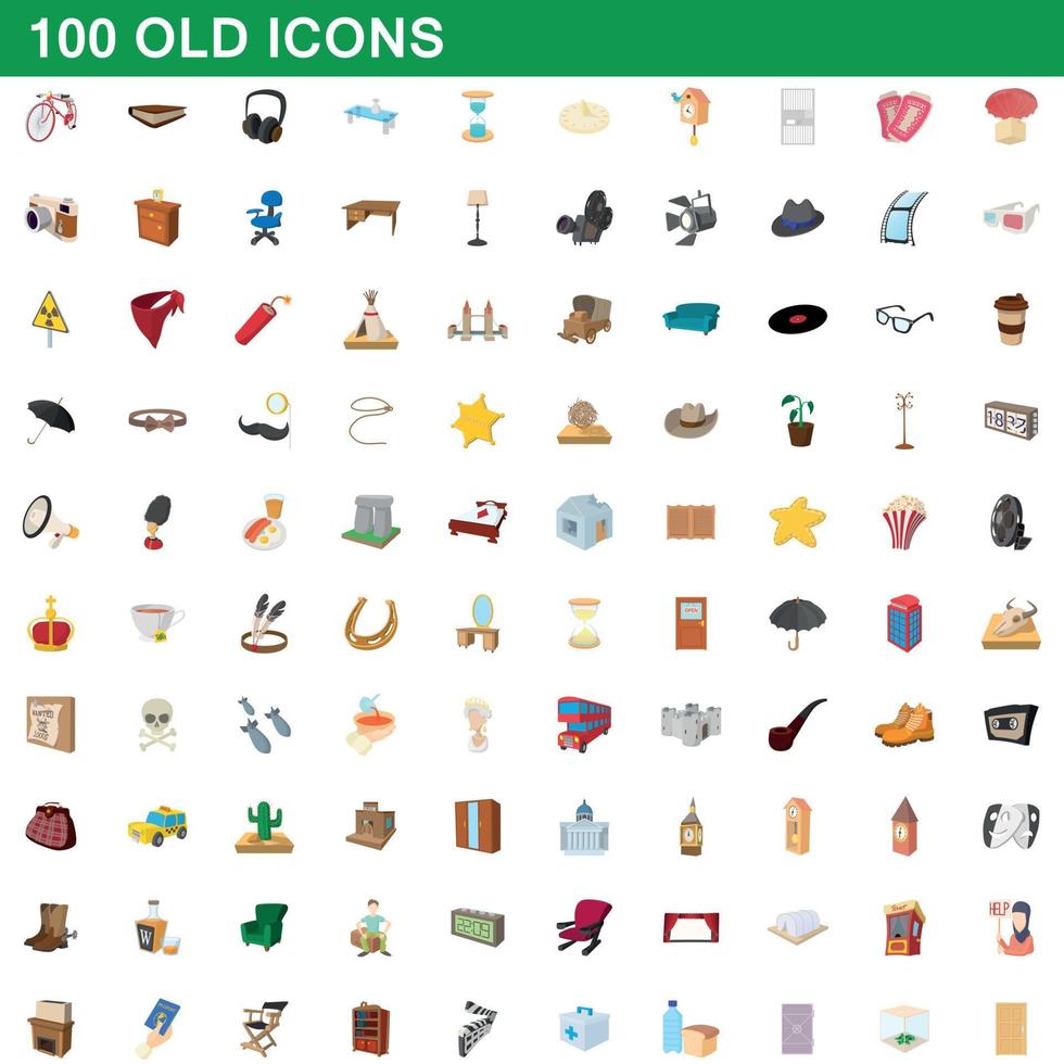 100 iconos antiguos, estilo de dibujos animados vector