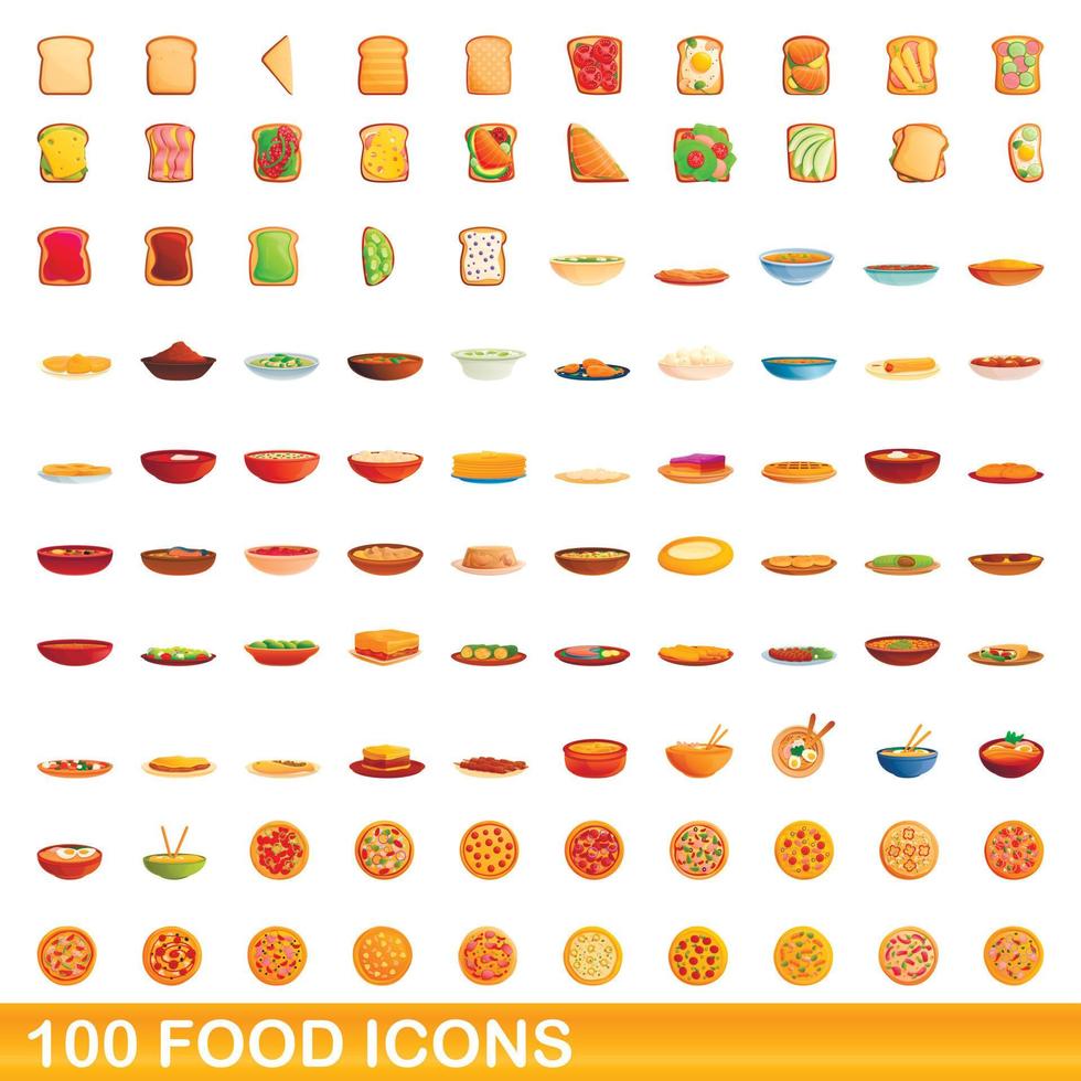 100 food icons set, cartoon style vector