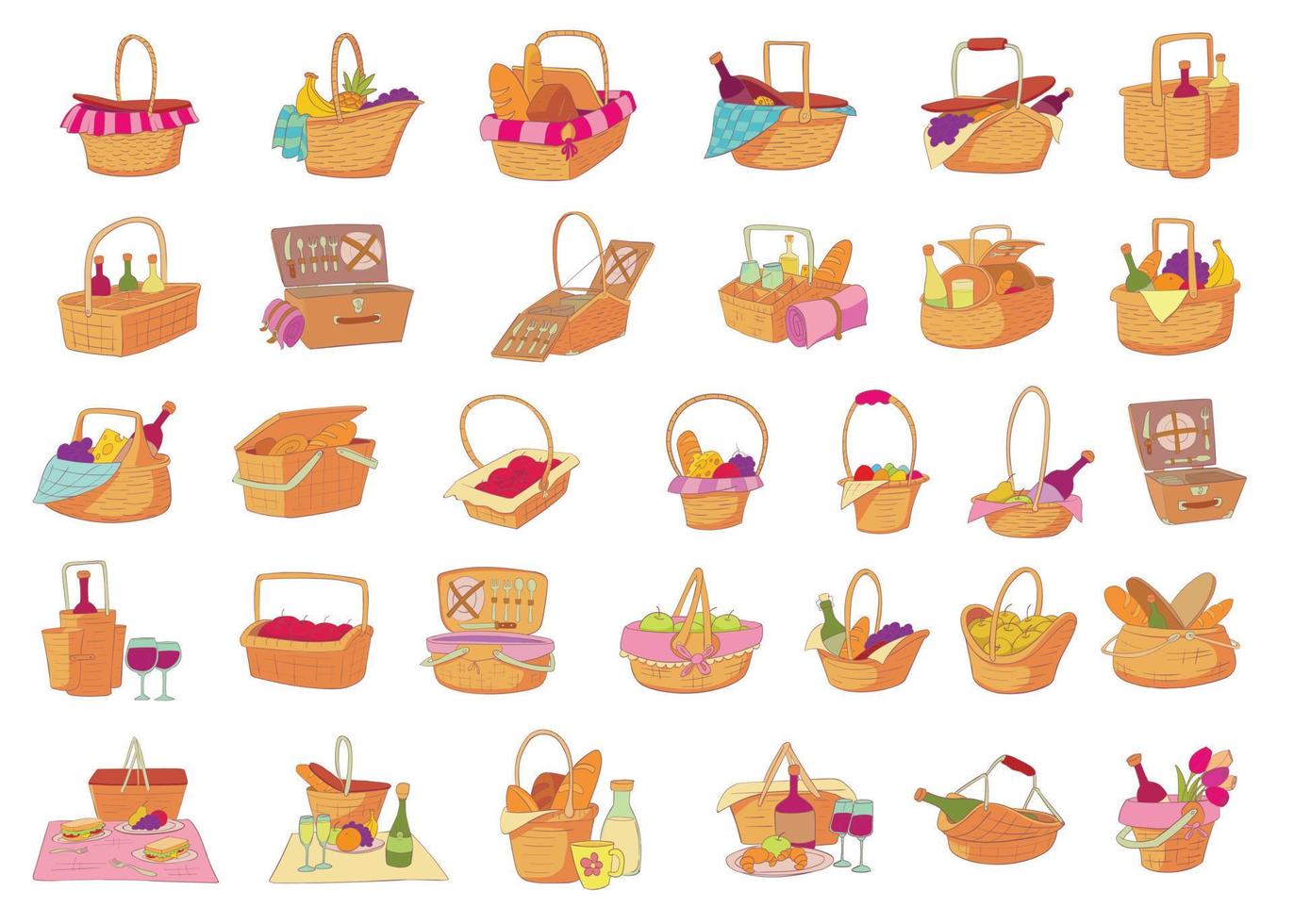 cesta de picnic, conjunto de iconos de estilo de dibujos animados vector