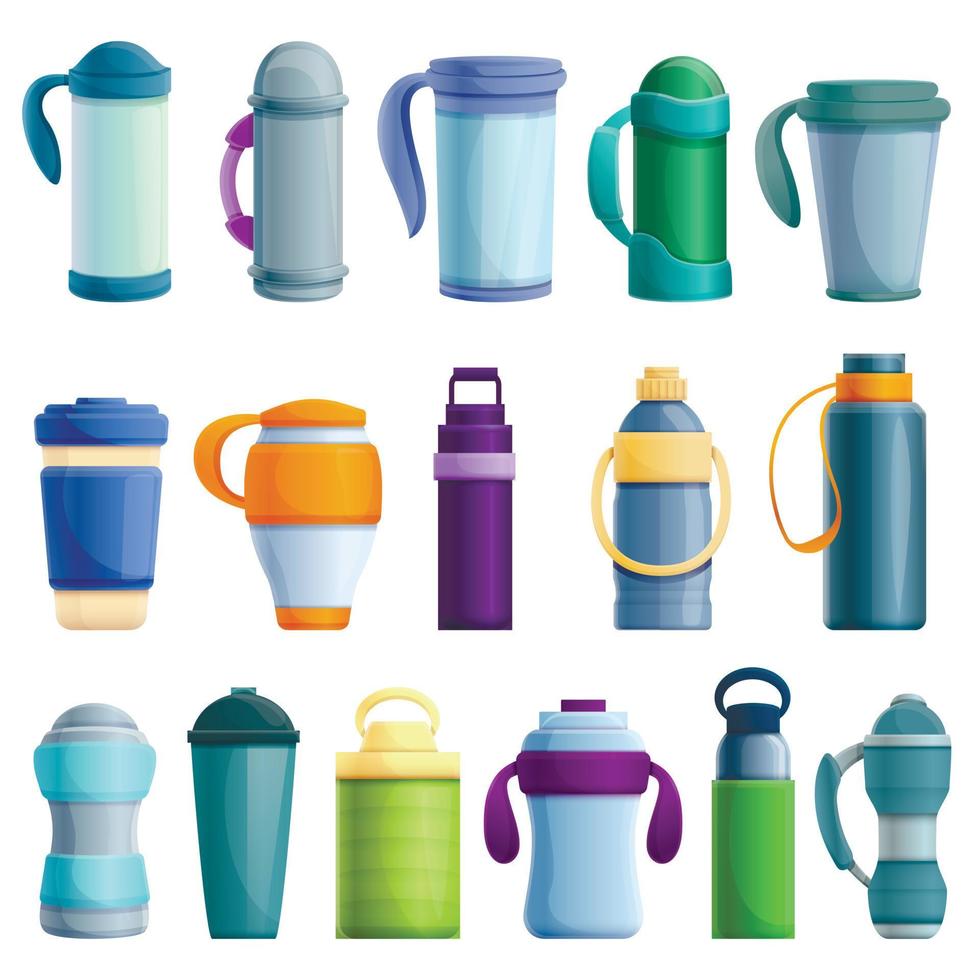 Vacuum insulated water bottle icons set, cartoon style vector