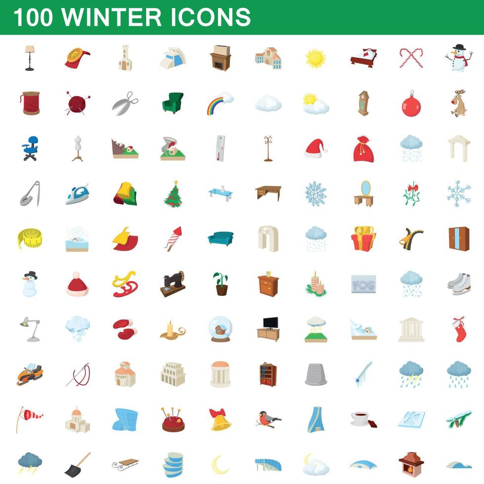 100 winter icons set, cartoon style vector