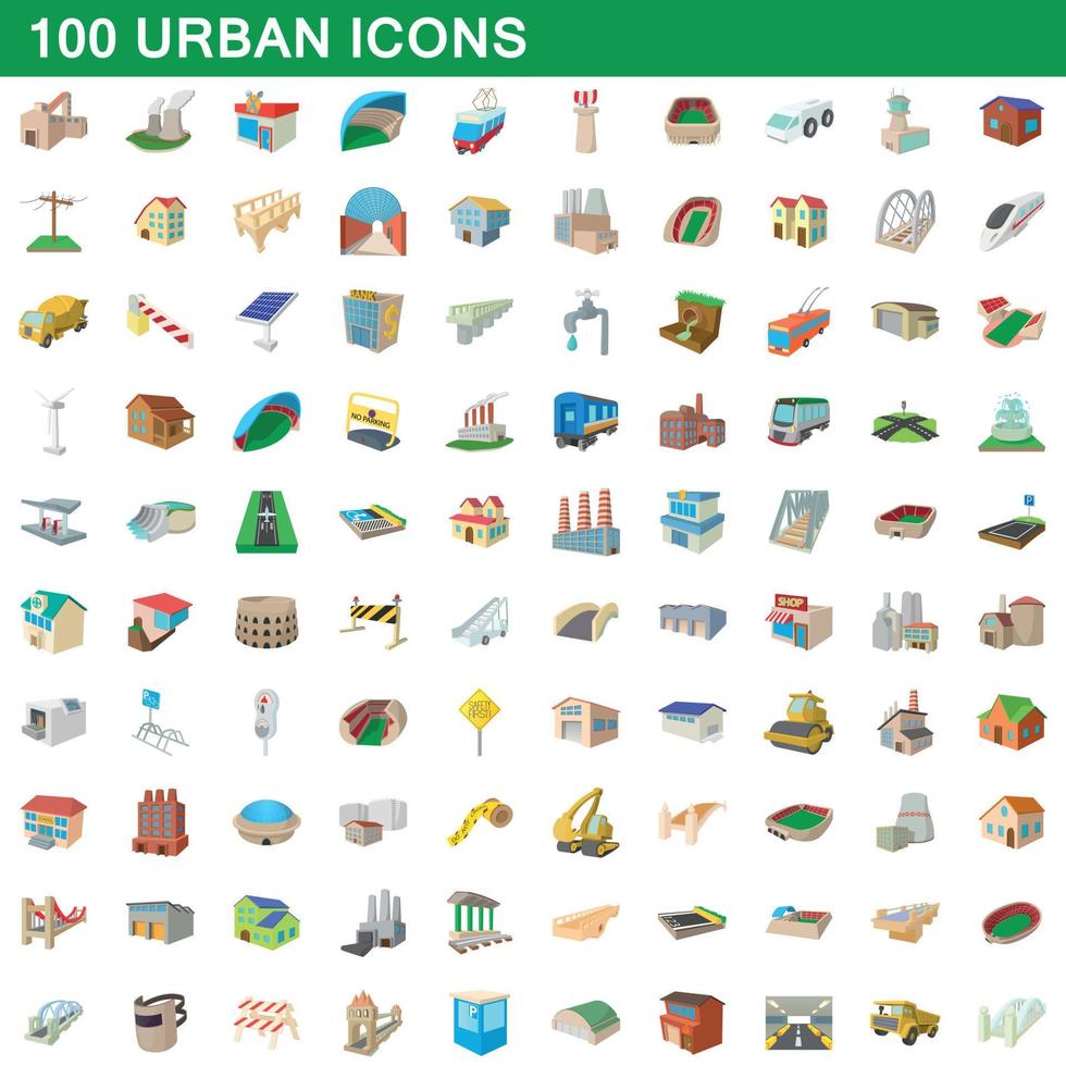 100 iconos urbanos, estilo de dibujos animados vector