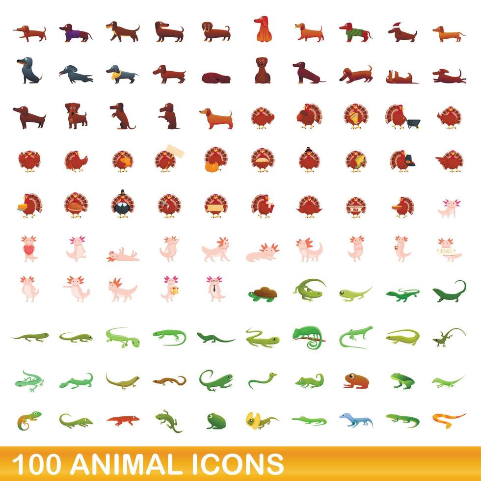 100 animal icons set, cartoon style vector