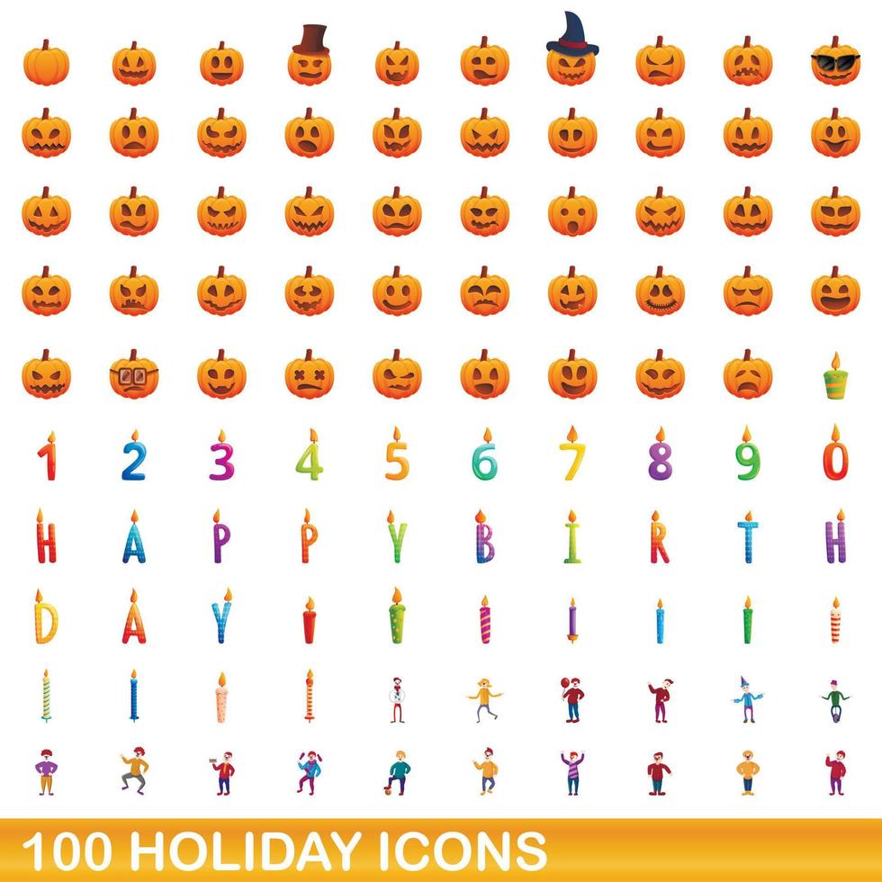 100 iconos de vacaciones, estilo de dibujos animados vector