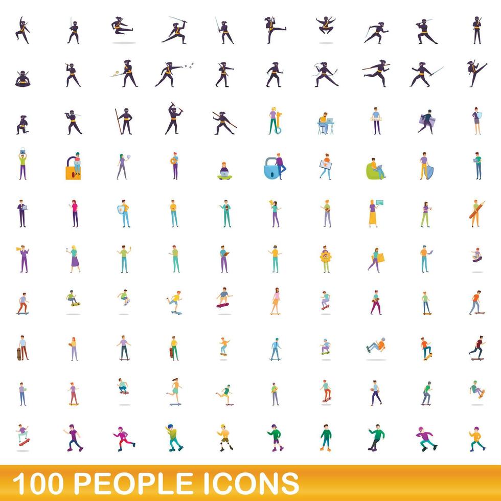 100 people icons set, cartoon style vector