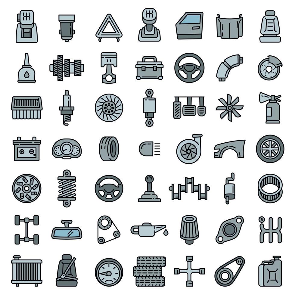 conjunto de iconos de piezas de automóviles, estilo de esquema vector