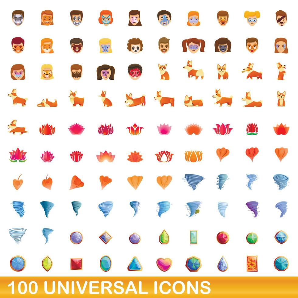 100 universal icons set, cartoon style vector