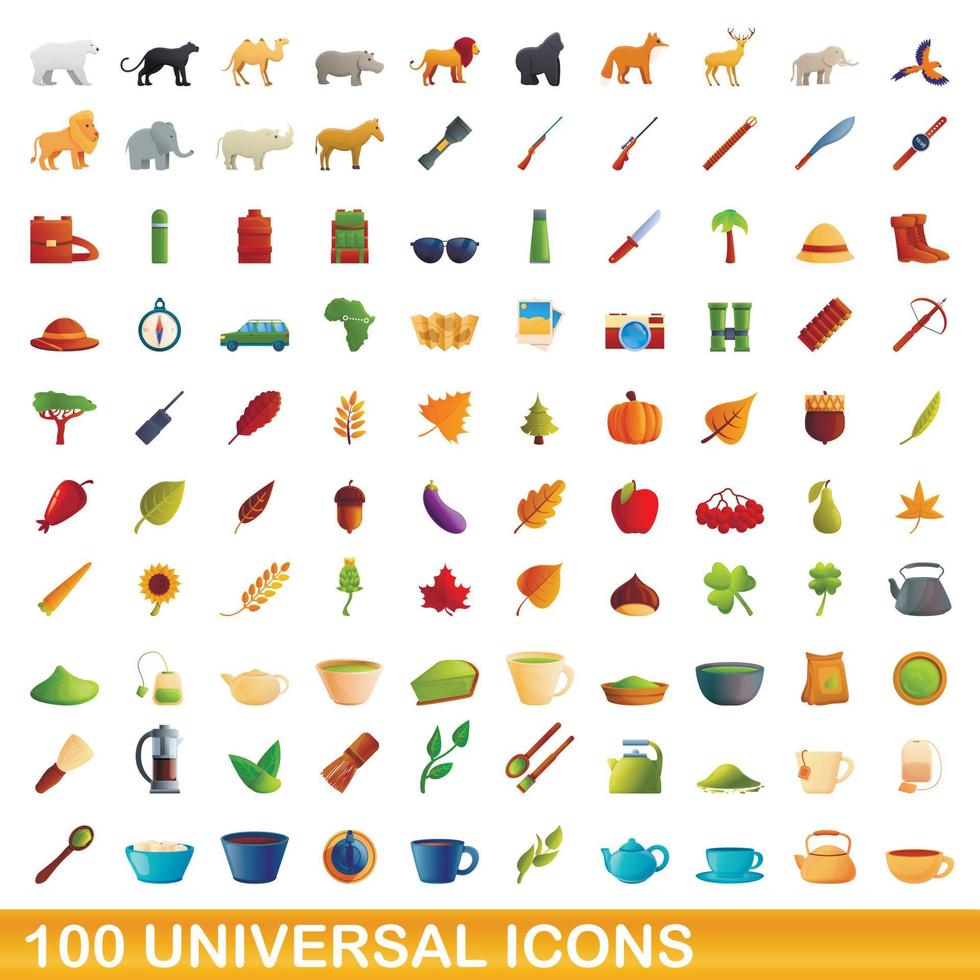 100 universal icons set, cartoon style vector