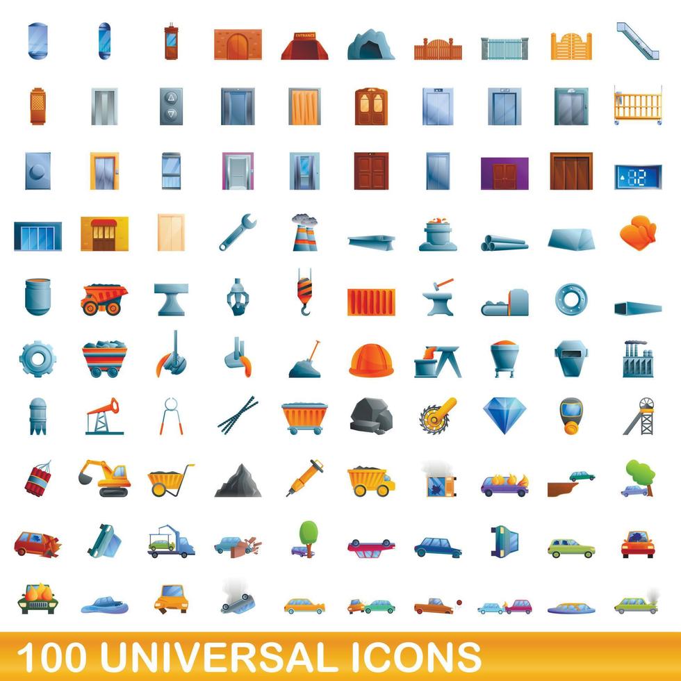 100 universal icons set, cartoon style vector